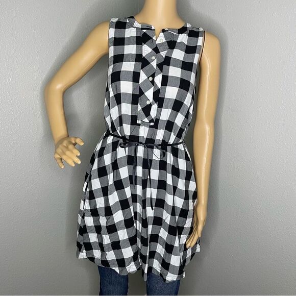 LOFT Ann Taylor Sleeveless Plaid Tunic V-Neck Top Black White 1/2 Button Pockets - Picture 1 of 11